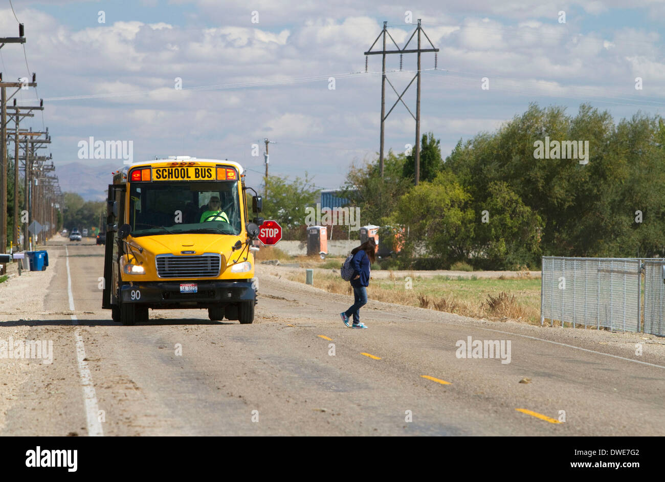 A school bus stopped with flashing red lights and stop sign allowing a child to get off in Canyon County, Idaho, USA. Stock Photo