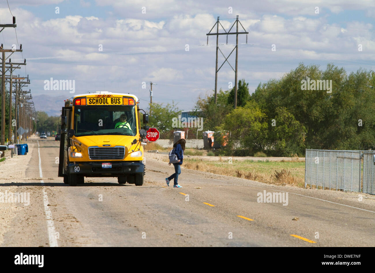 A school bus stopped with flashing red lights and stop sign allowing