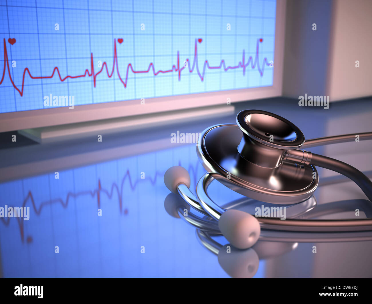 Stethoscope in front of the heartbeat monitor. Stock Photo