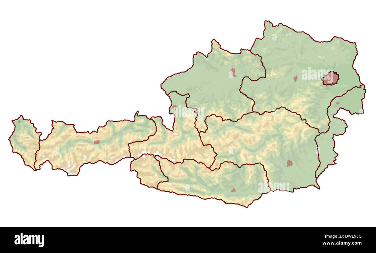 Topographic map of Austria in Europe, which is not labeled. The borders of  the cities and the nine provinces are visible Stock Photo - Alamy