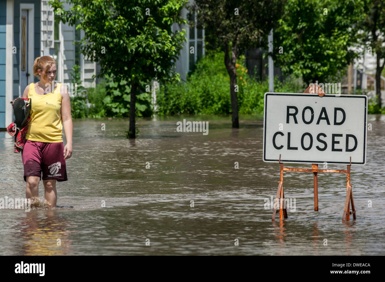 Flooding of Mohawk River, Fort Plain, New York State, USA Stock Photo