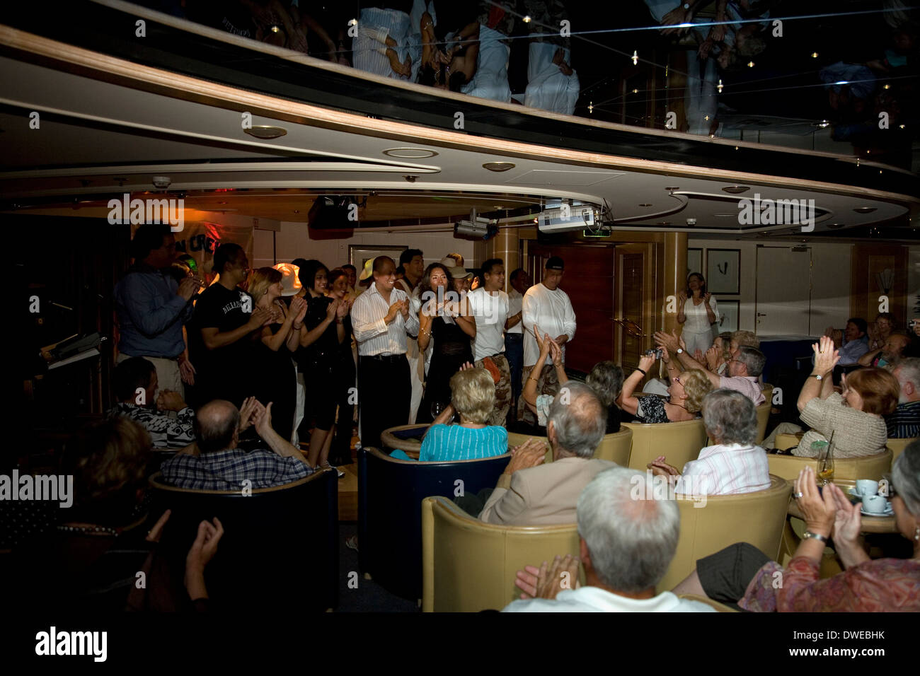 Crew talent show in Orion's Leda Lounge, Melanesia & Solomon Islands inaugural cruise, 2008. Stock Photo