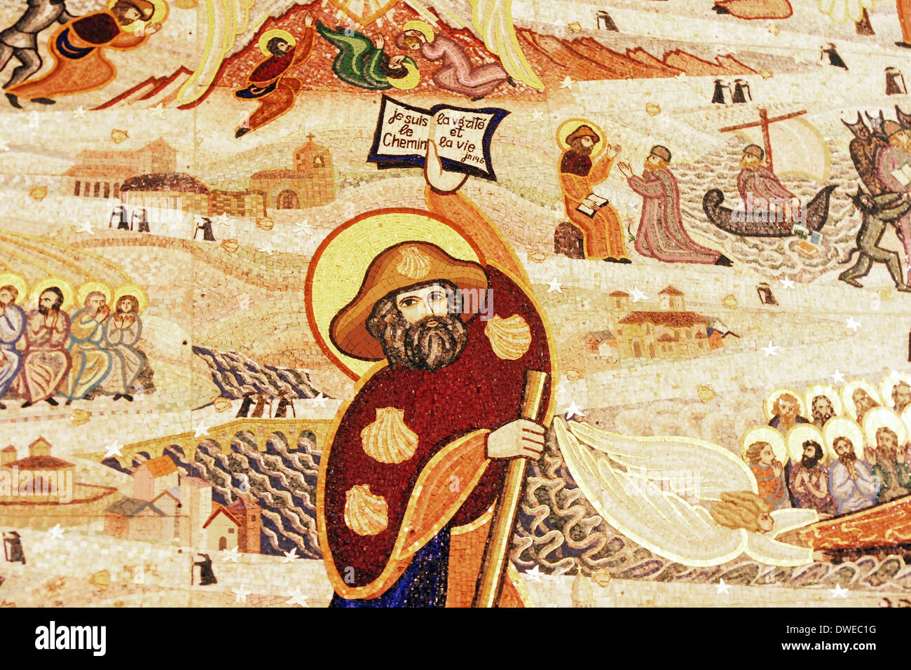 Old Christian mosaic with Mosus and the 10 commandments Stock Photo