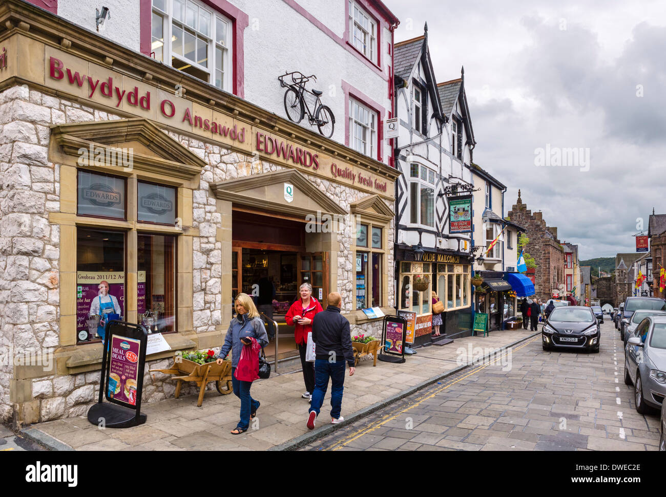 Shops on High Street, Conwy, North Wales, UK Stock Photo