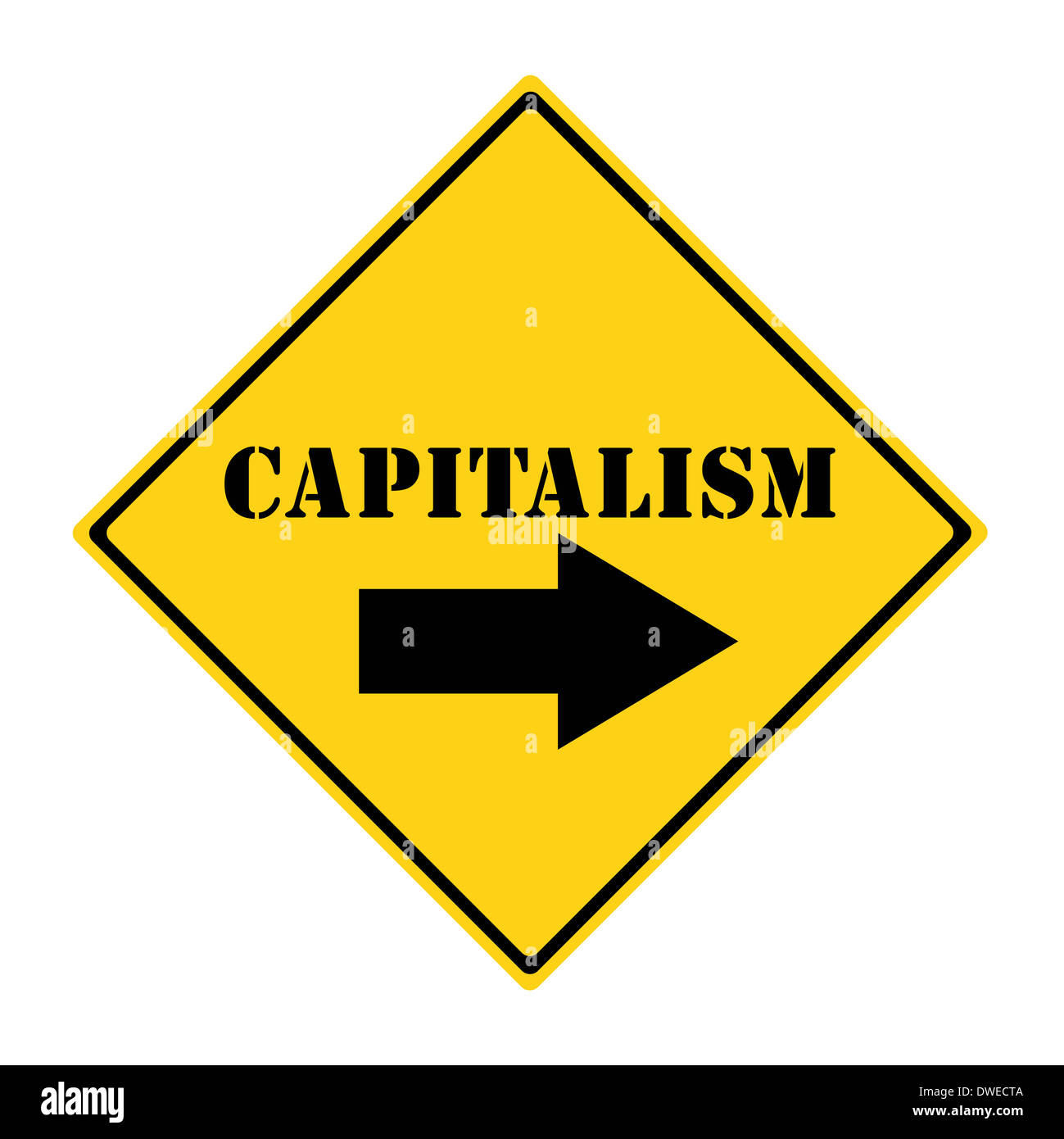 A yellow and black diamond shaped road sign with the word CAPITALISM and an arrow pointing the way making a great concept. Stock Photo