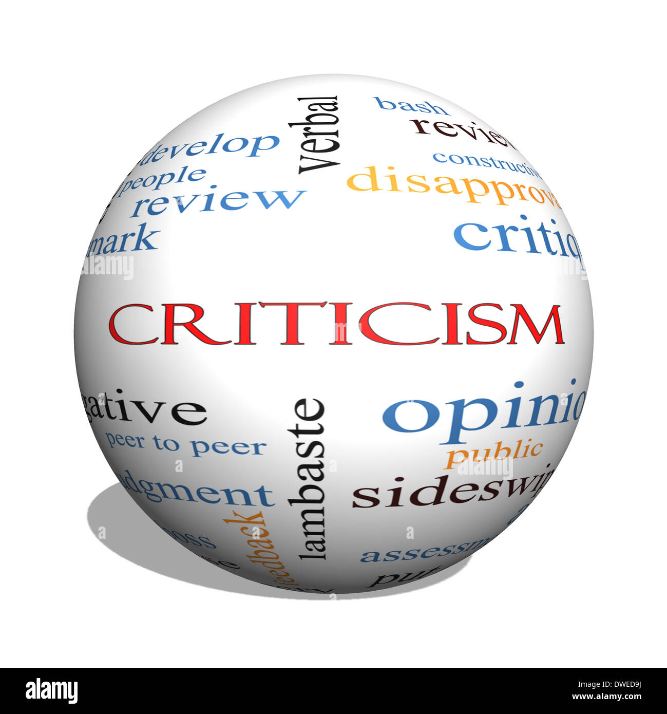 Criticism 3D sphere Word Cloud Concept with great terms such as opinion, blame, critique and more. Stock Photo