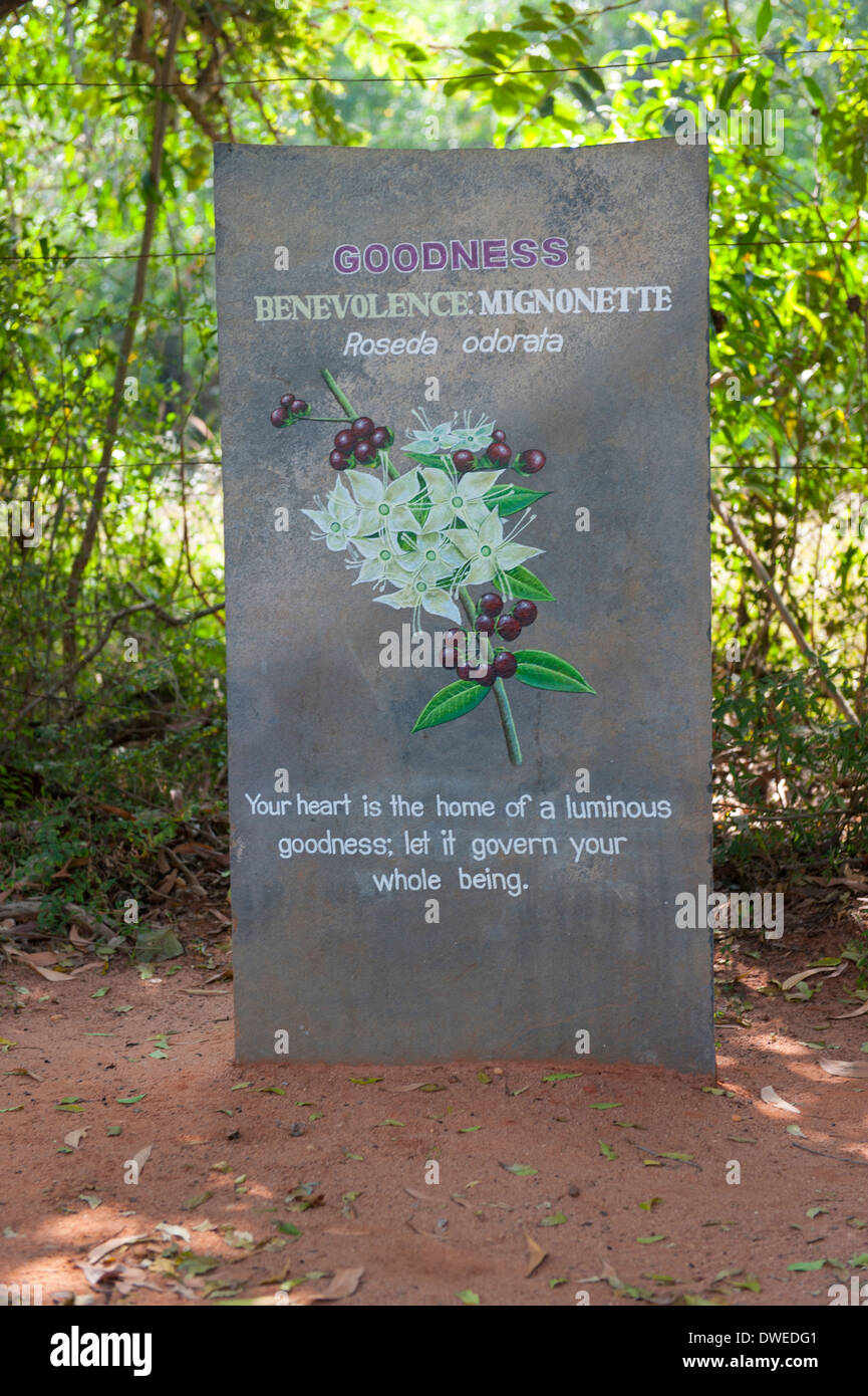 India Tamil Nadu Pondicherry Puducherry Auroville meditation spiritual centre center park gardens wood Mother's symbol petal stone 12 tenets Goodness Stock Photo