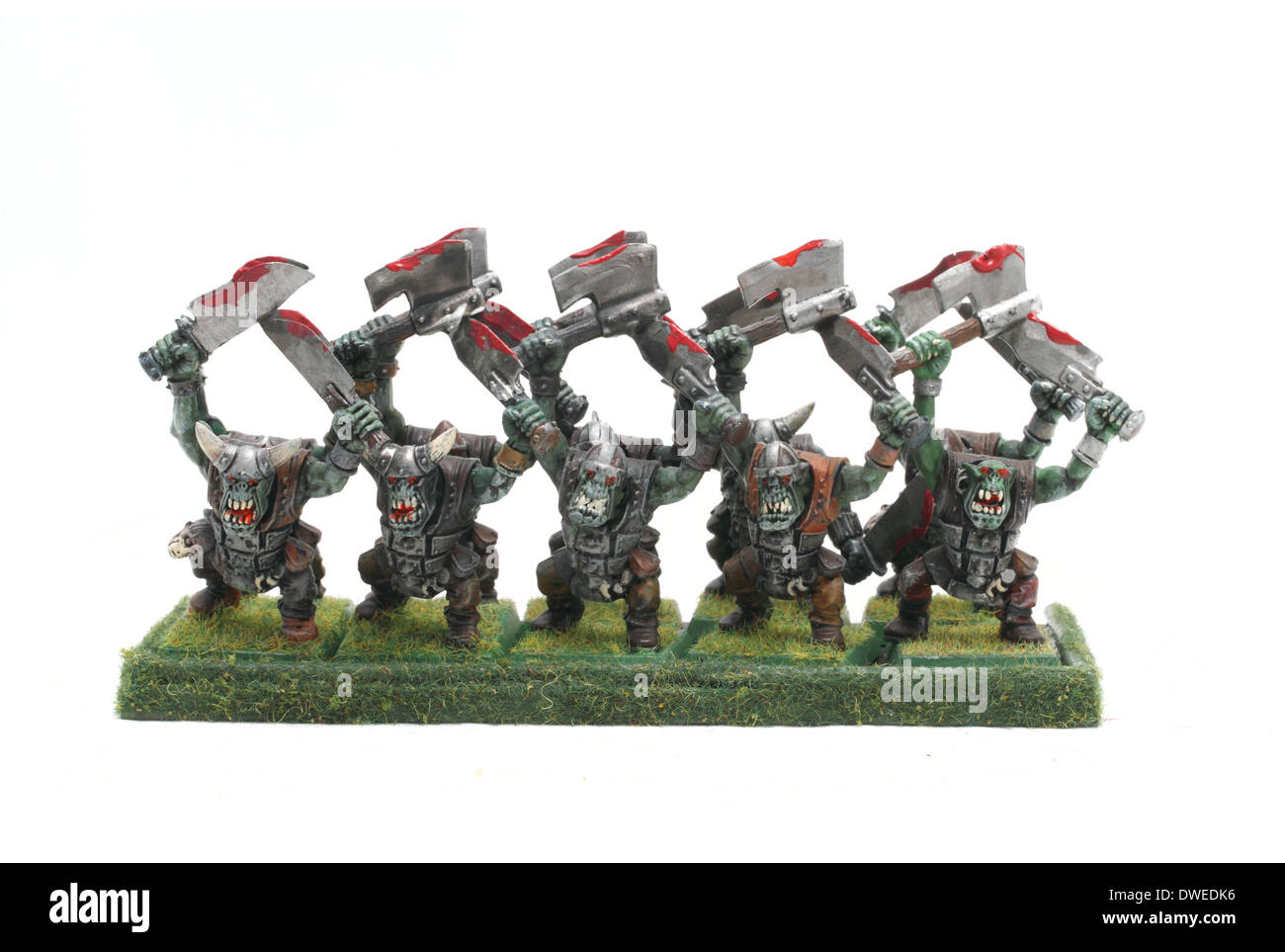 Warhammer Orcs and Goblins. ten orc boyz with two hand weapons Stock Photo
