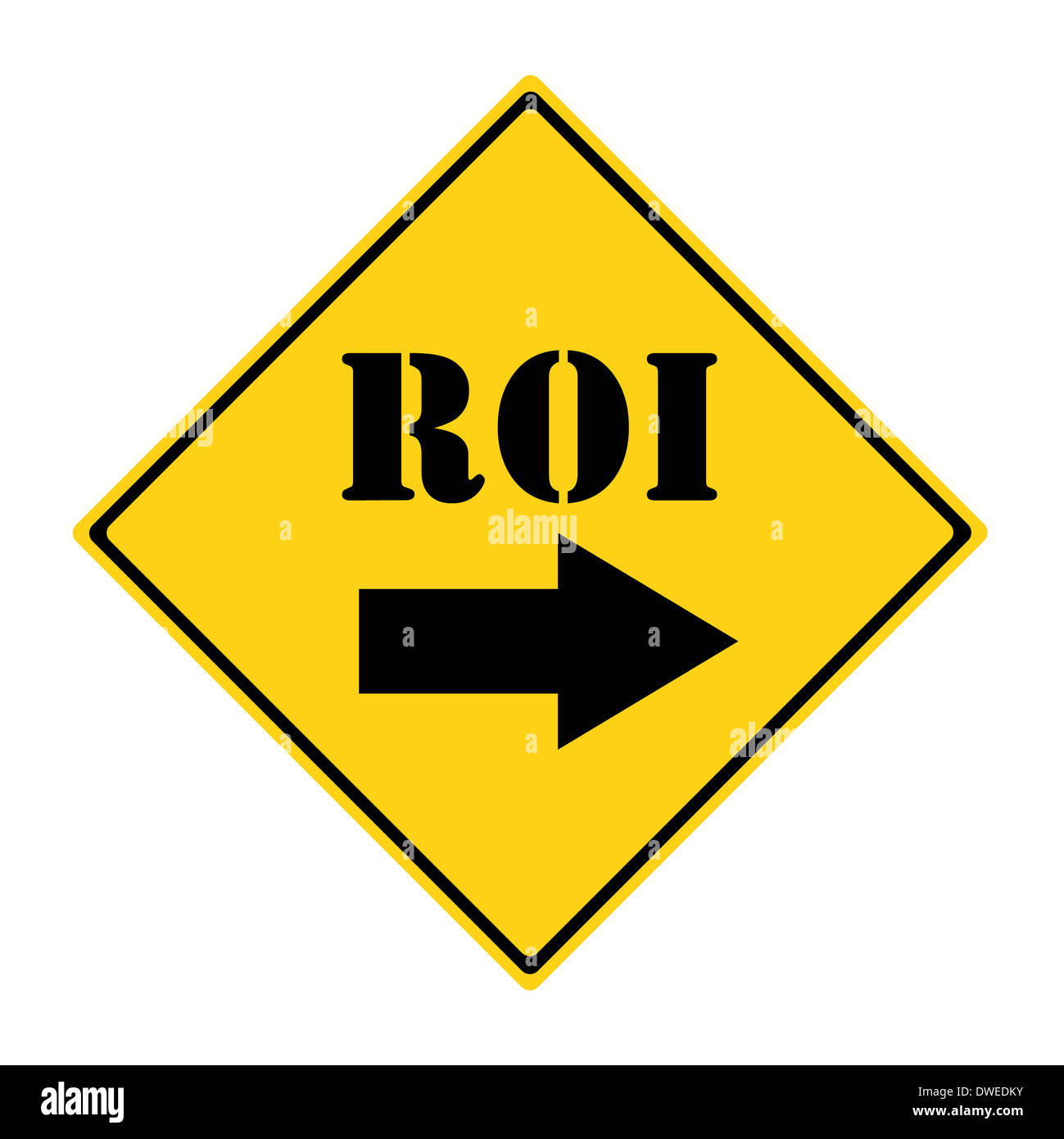 A yellow and black diamond shaped road sign with the word ROI and an arrow pointing the way making a great concept. Stock Photo
