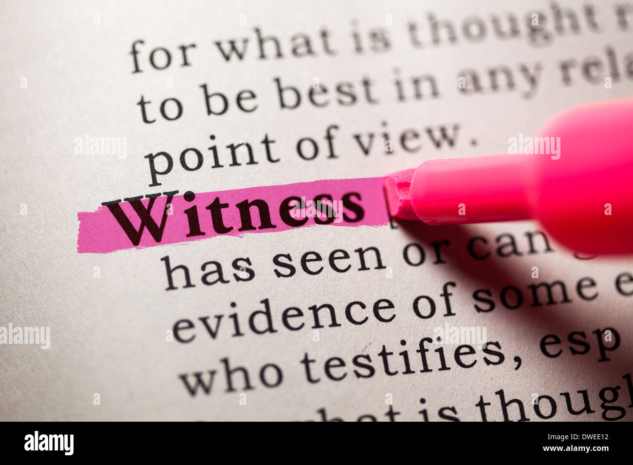 Fake Dictionary, Dictionary definition of the word witness. Stock Photo