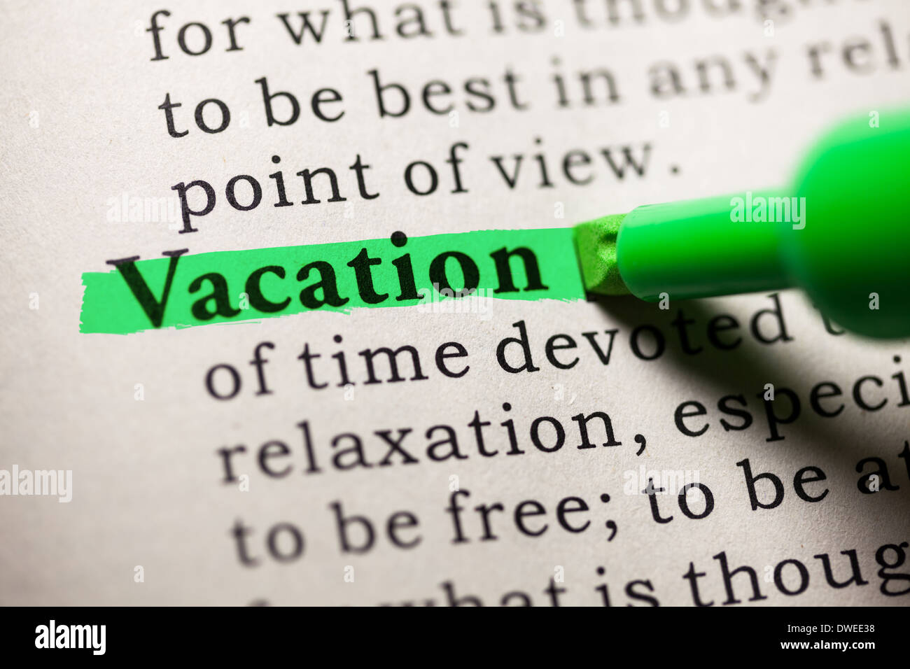 Fake Dictionary, Dictionary definition of the word vacation Stock Photo