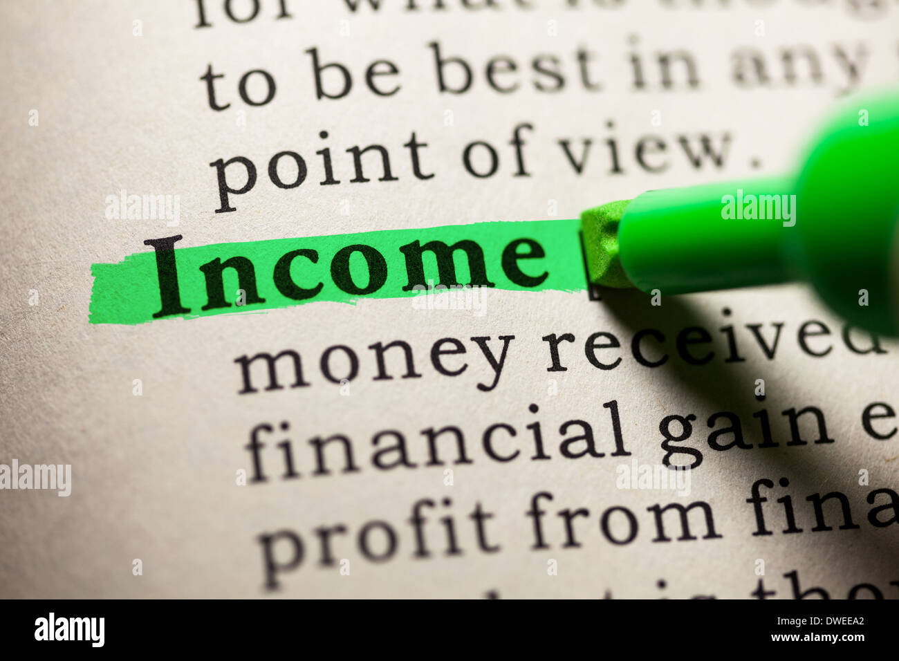 Fake Dictionary, Dictionary definition of the word income. Stock Photo