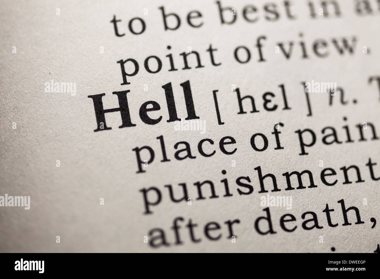 Fake Dictionary, Dictionary definition of the word hell. Stock Photo