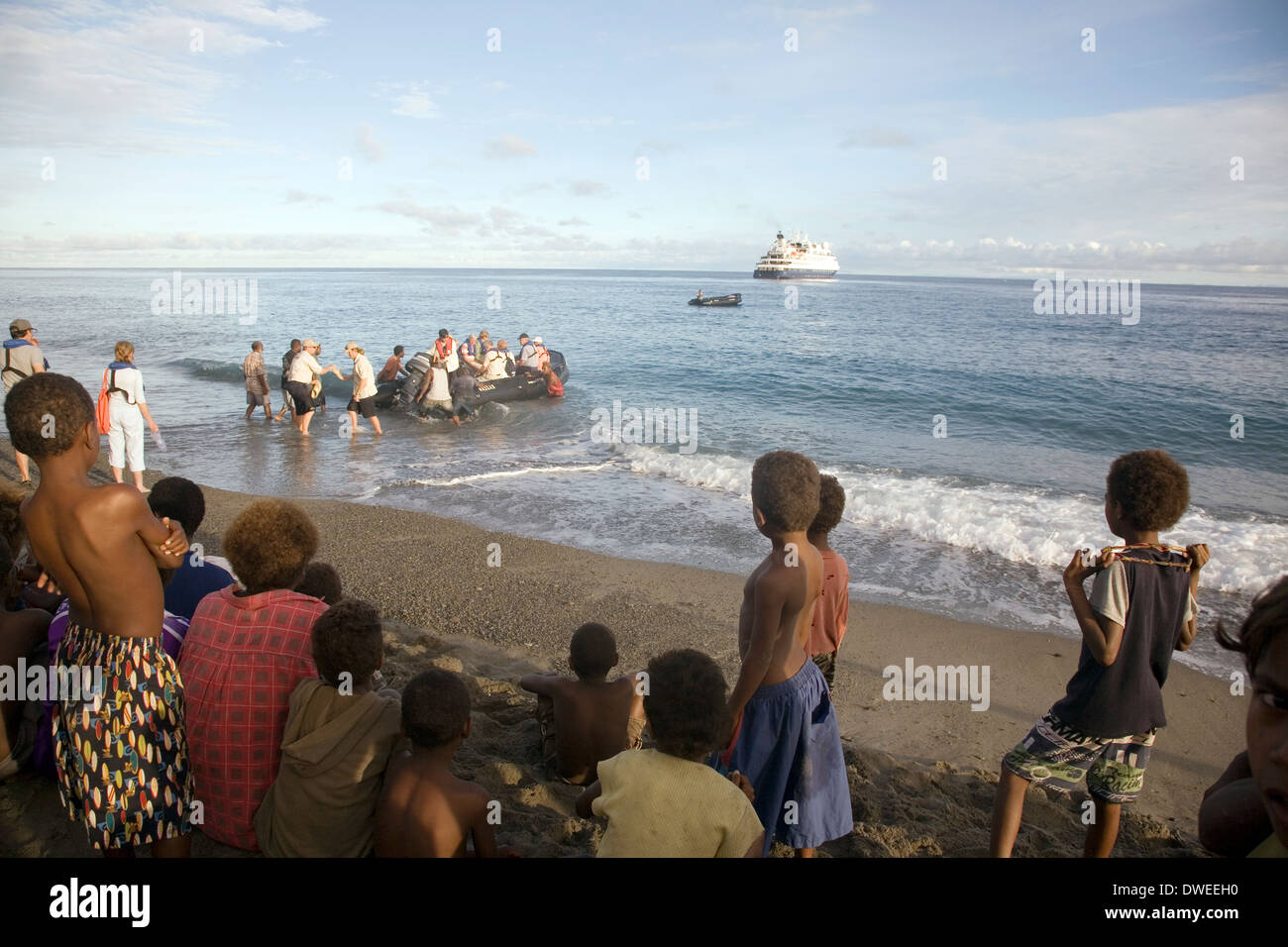 Passengers from the Aussie expedition cruiser Orion make a call at Savo, Solomon Islands, South Pacific Stock Photo