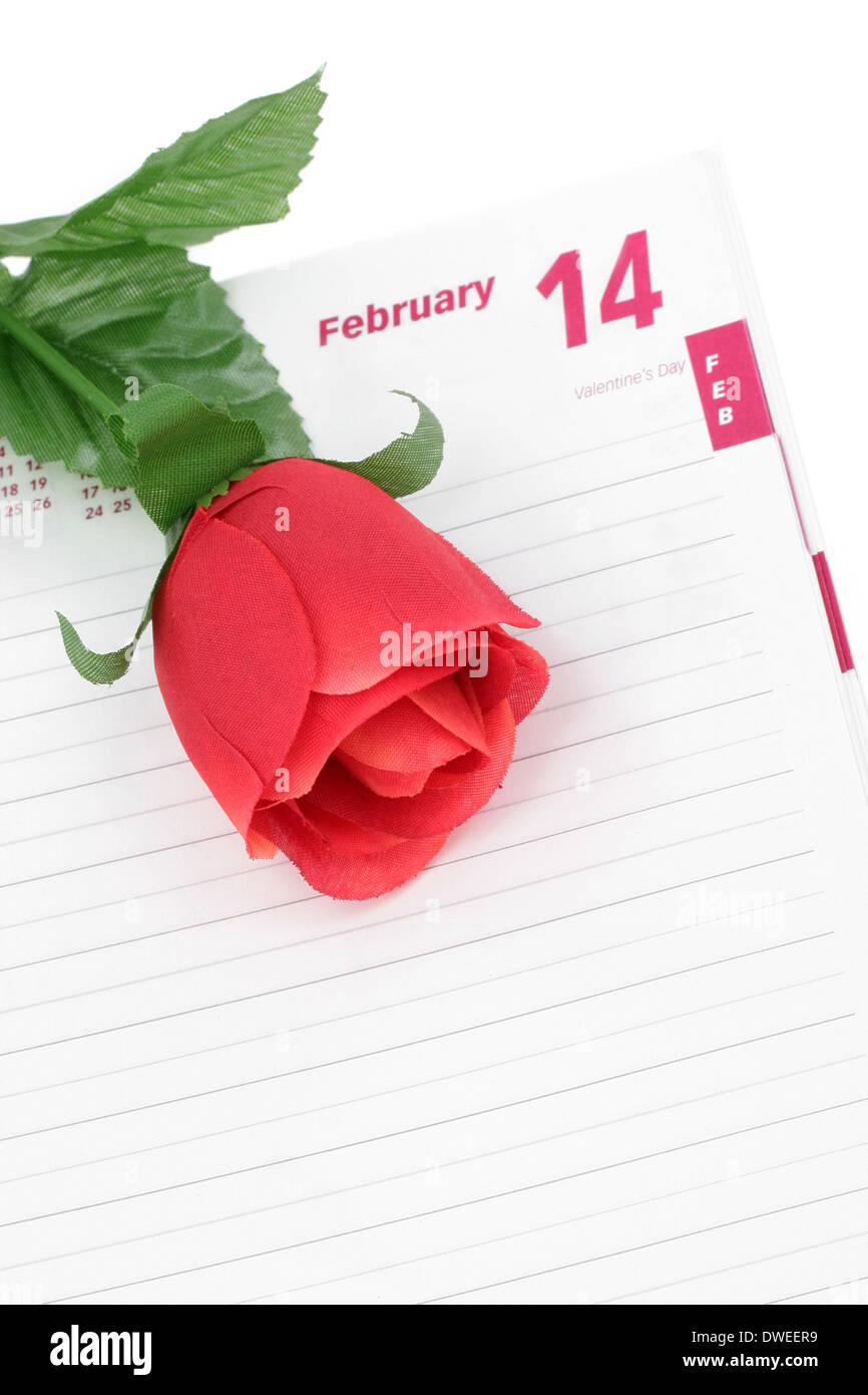 artificial red rose and calendar, Valentine's Day Stock Photo