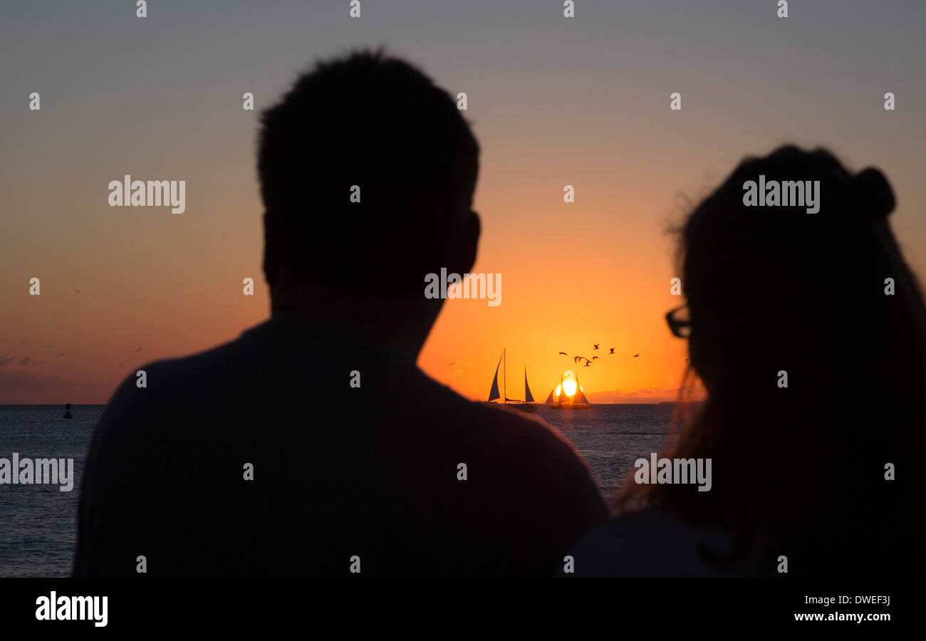 Key West, Florida - Tourists gather in Mallory Square to watch the sunset. Stock Photo