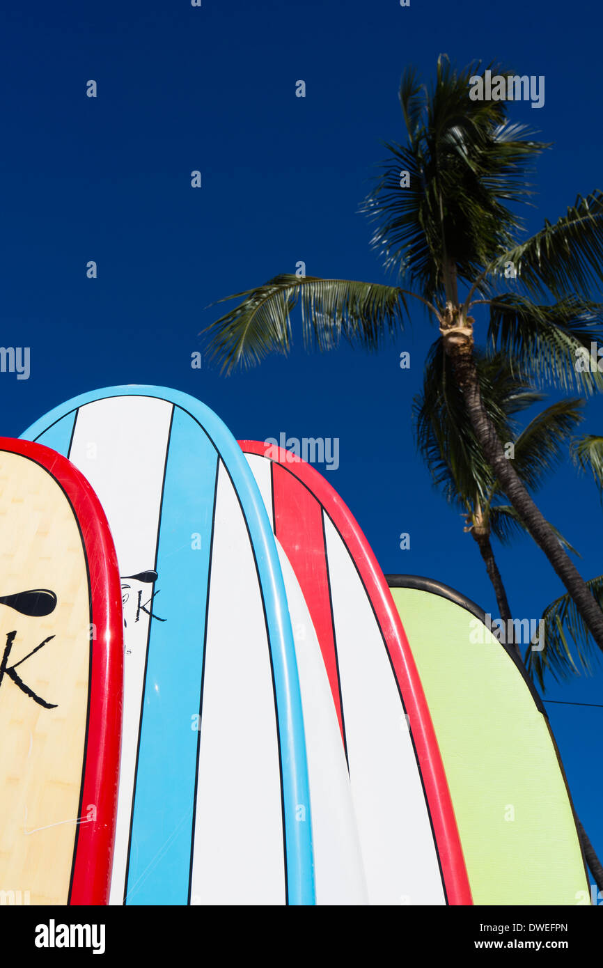 Surfboards and stand up paddle boards. Kailua-Kona, The Big Island, Hawaii, USA. Stock Photo