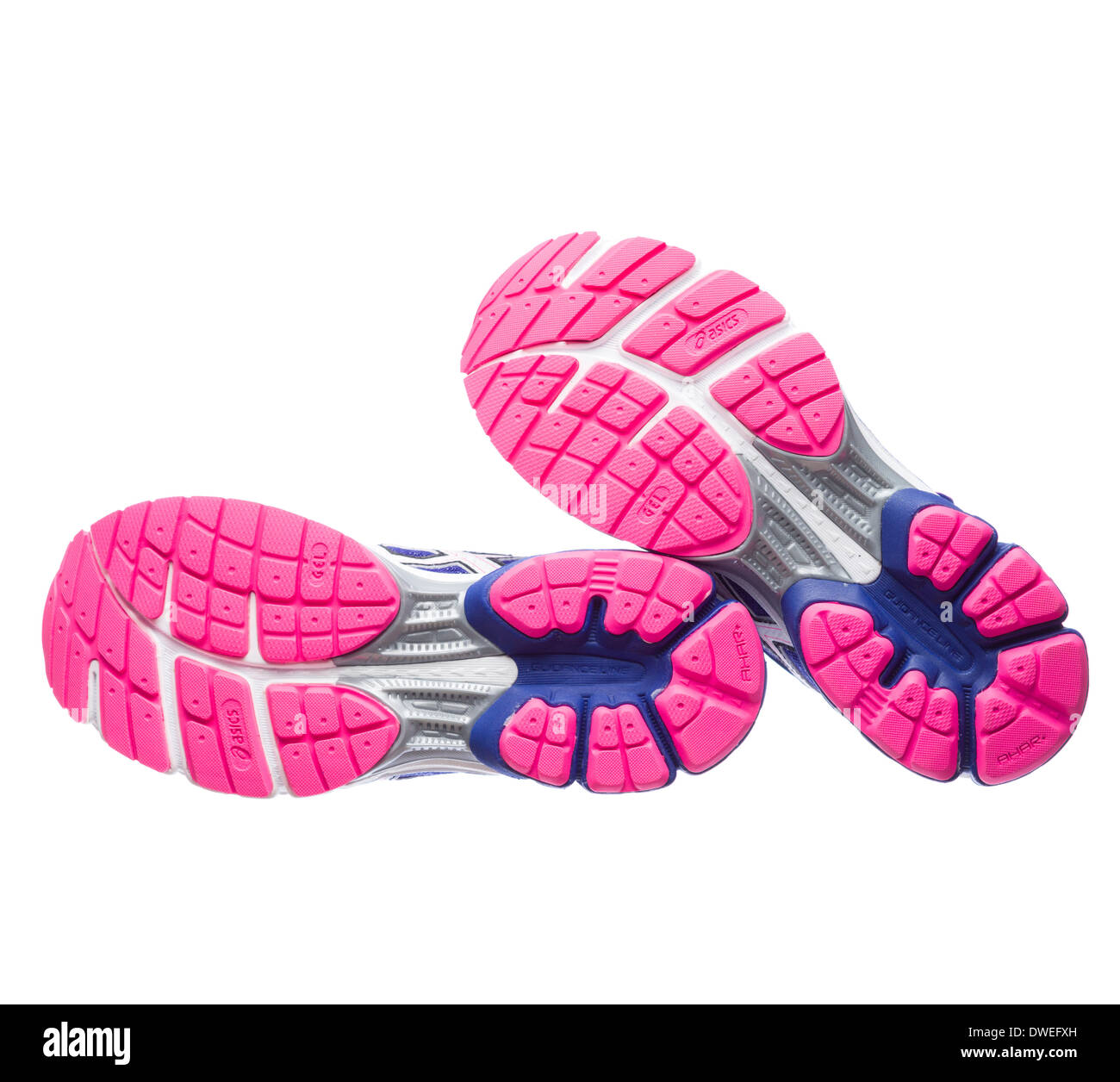 Blue and pink Asics Gel Pulse 5 running shoes soles Stock Photo - Alamy