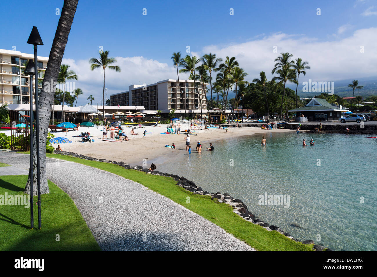 Kailua waterfront and beach and King Kamehameha's Kona Beach Hotel. Kailua-Kona, The Big Island, Hawaii, USA. Stock Photo