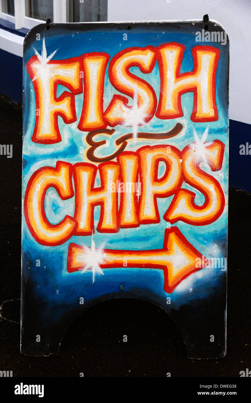 Fish and chips sign in the village of Appledore, Devon, England Stock Photo