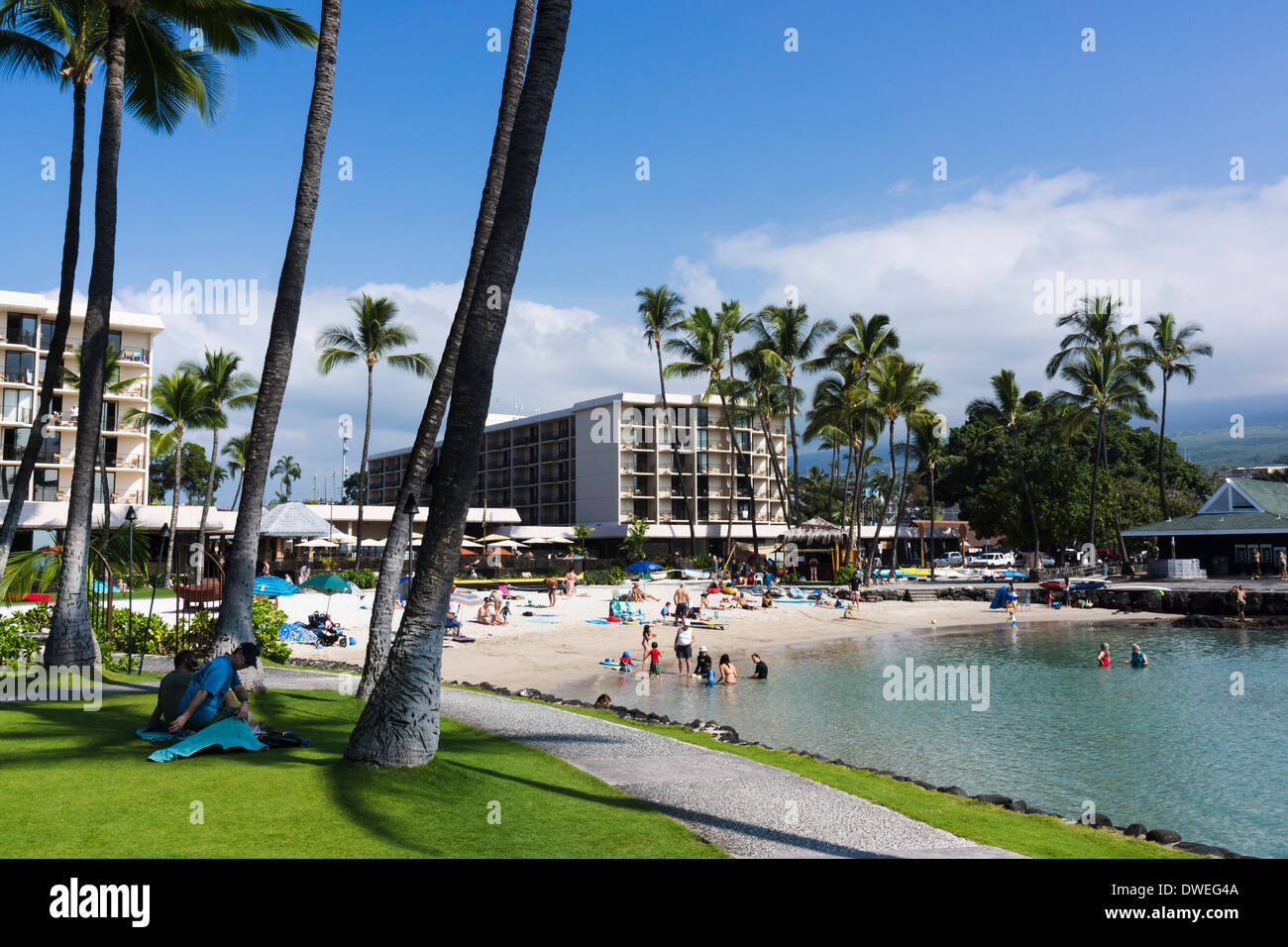 Kailua waterfront and beach and King Kamehameha's Kona Beach Hotel. Kailua-Kona, The Big Island, Hawaii, USA. Stock Photo