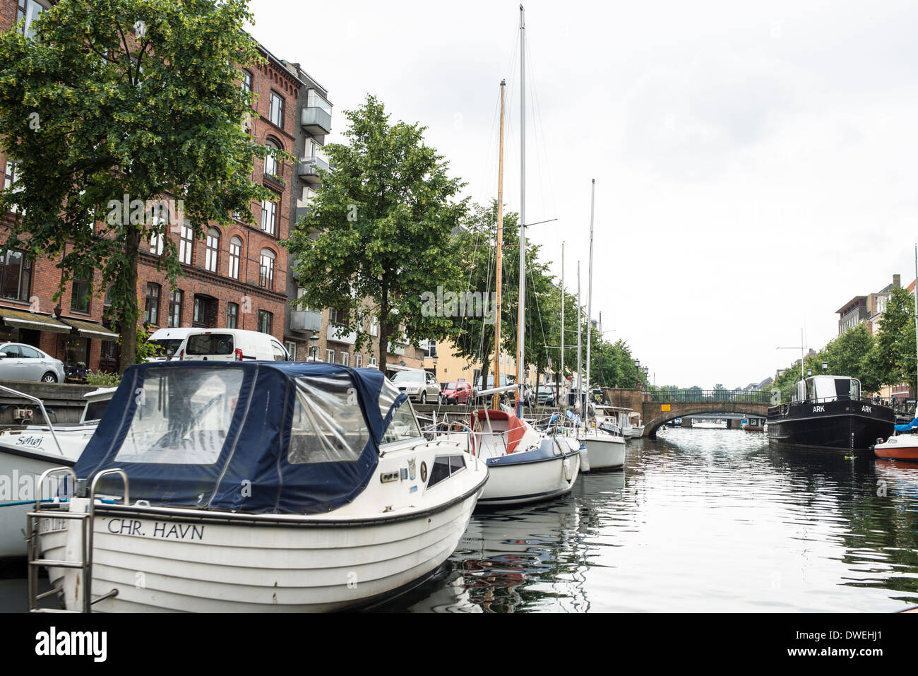 Pleasure boats tied up in the canal, Copenhagen Stock Photo