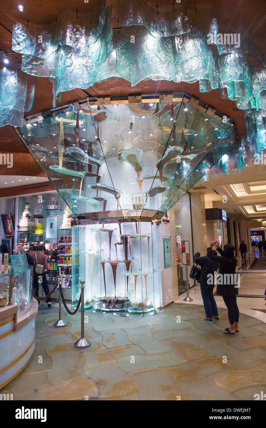 Worlds Largest Chocolate Fountain in Bellagio hotel in Las Vegas Stock Photo