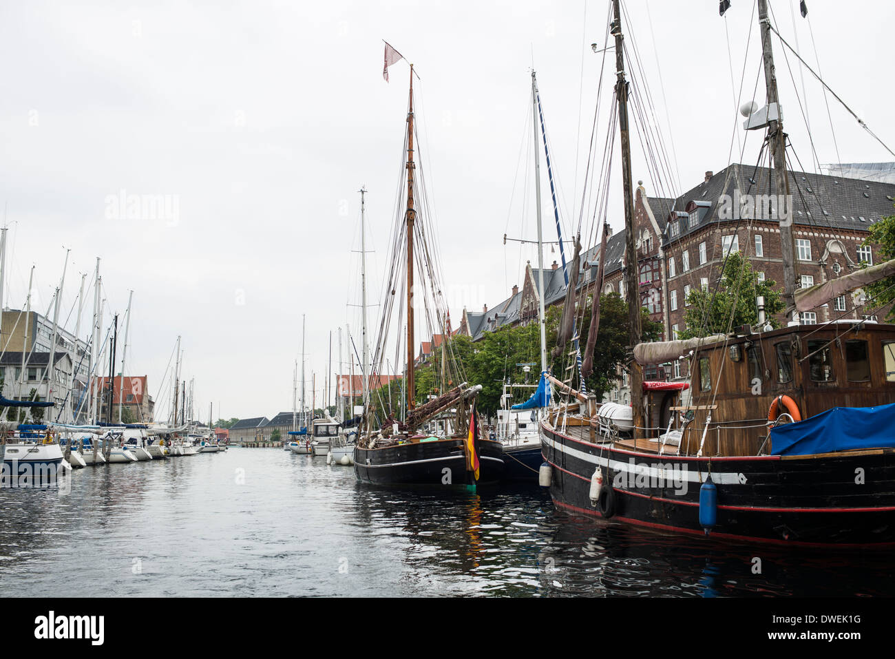 Pleasure boats tied up in the canal, Copenhagen Stock Photo