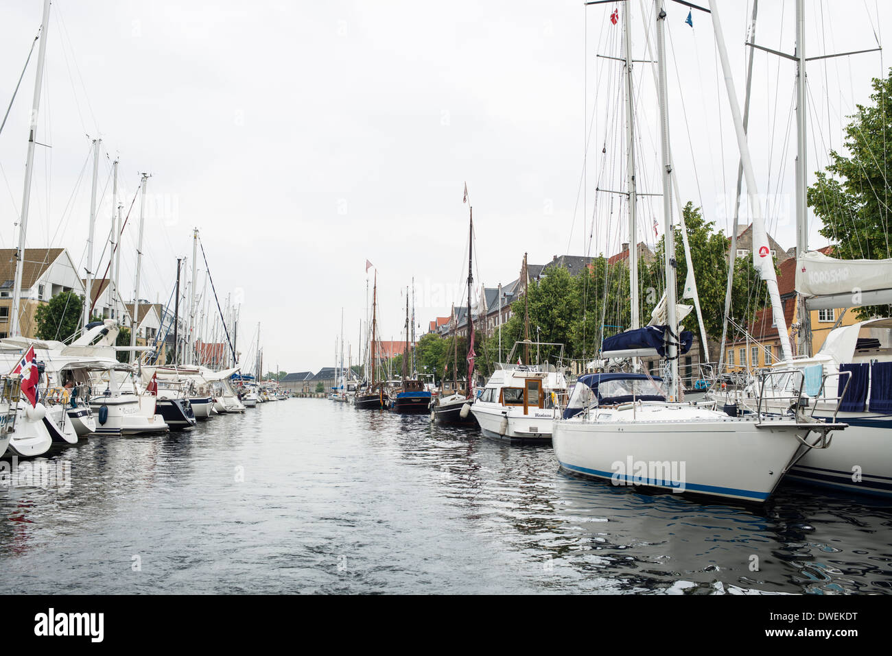 Pleasure boats tied up in the canal, Copenhagen Stock Photo