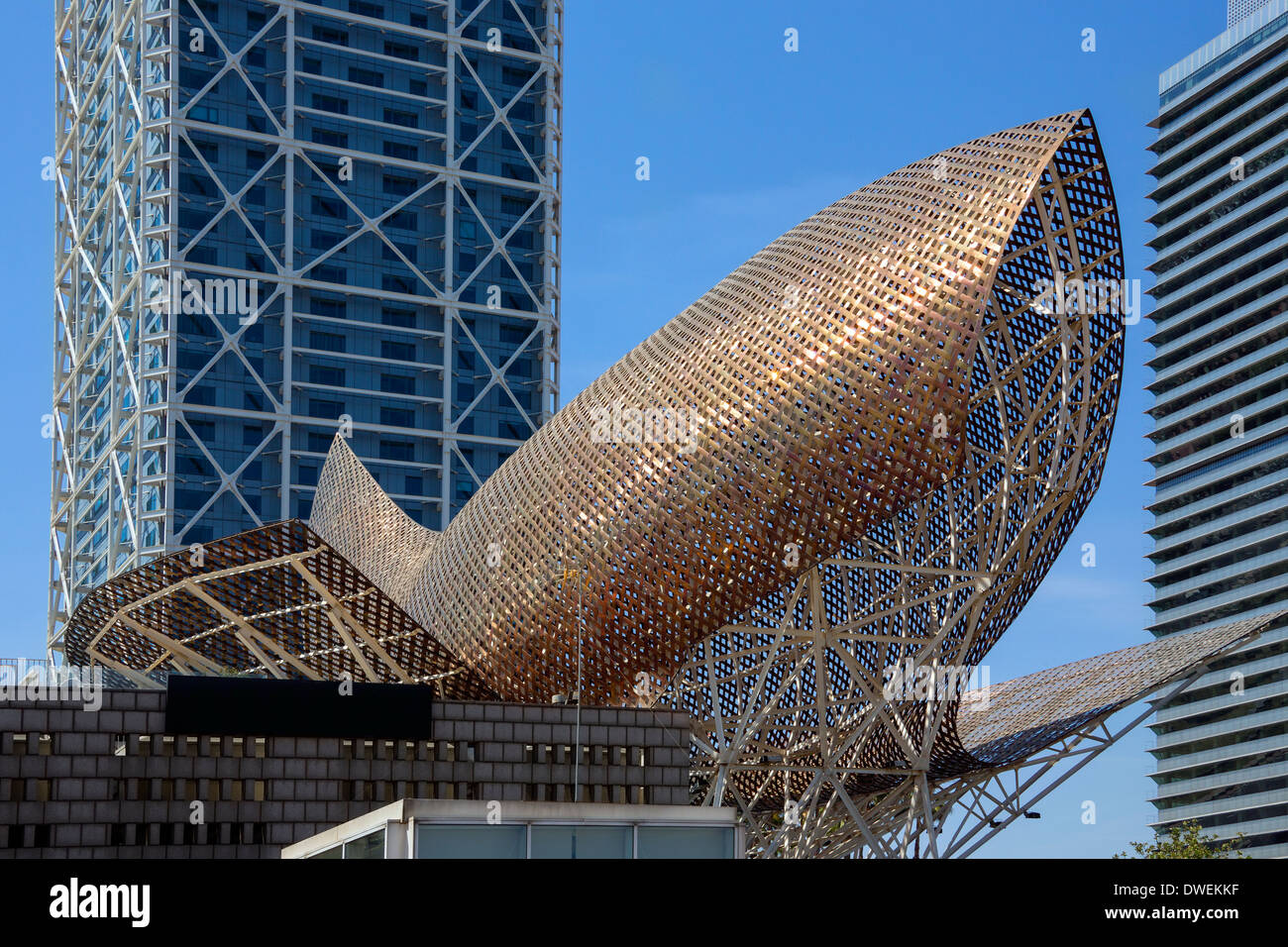 Modern architecture in the Port Olimpic area of the waterfront in Barcelona in the Catalonia region of Spain. Stock Photo