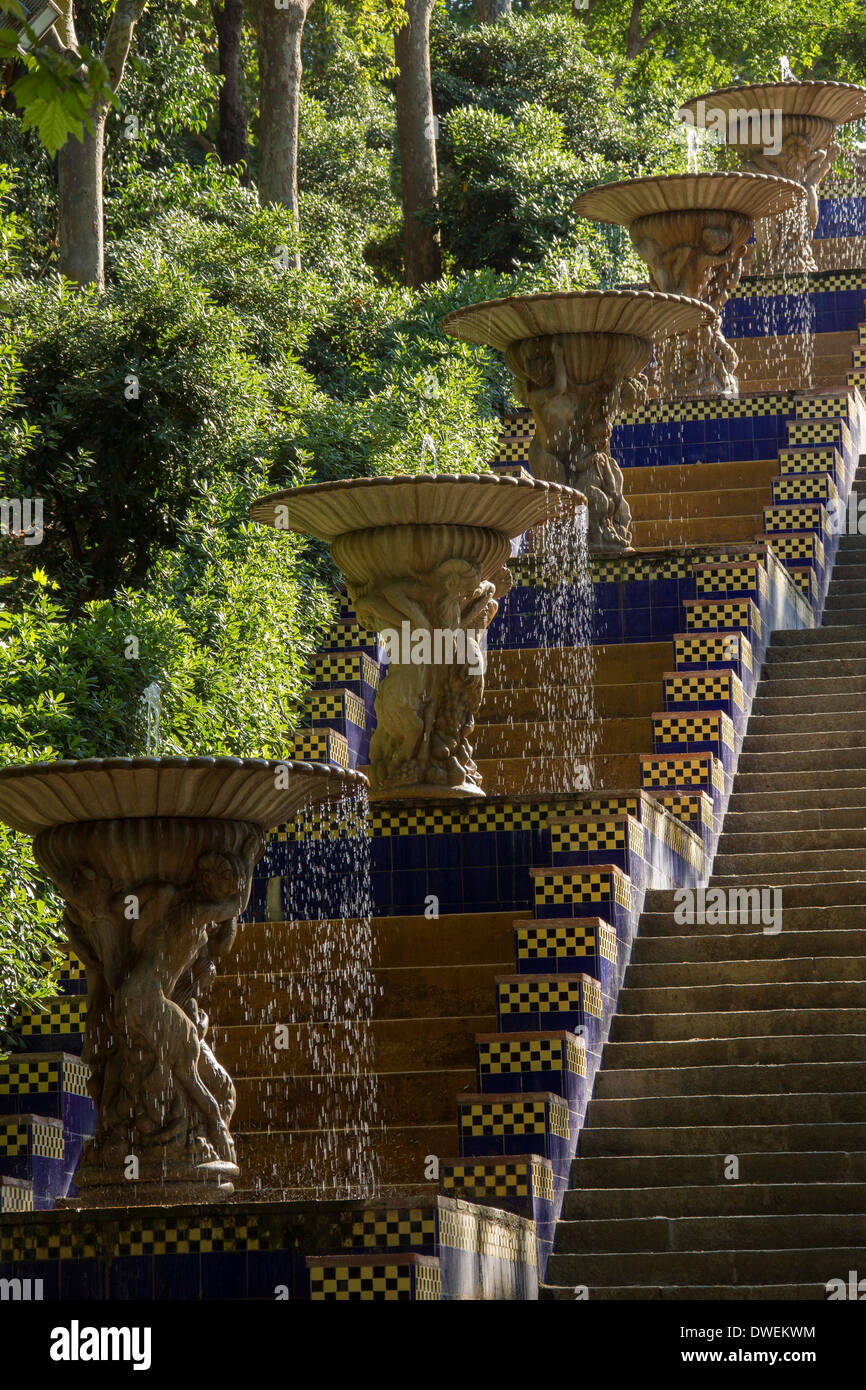 A cascade of fountains in Parc del Migdia in the Montjuic district of Barcelona in the Catalonia region of Spain. Stock Photo