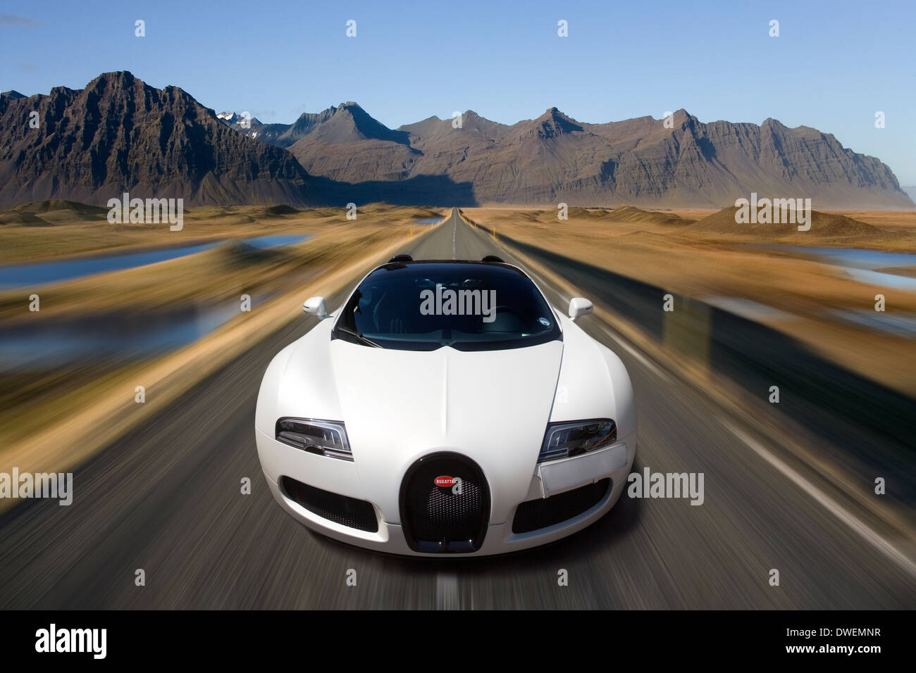 Bugatti Veyron EB 16.4 driving at speed in Iceland Stock Photo