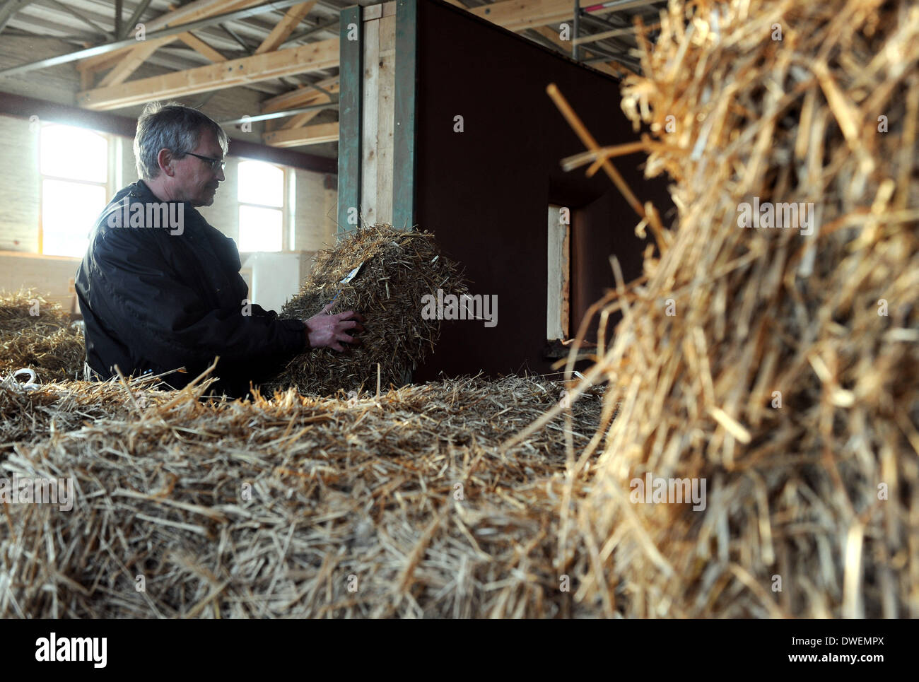 Verden, Germany. 27th Feb, 2014. The manager of the North German Center for sustainable building company, Christian Silberhorn, demonstrates how to build with straw bales in Verden, Germany, 27 February 2014. Photo: Ingo Wagner/dpa/Alamy Live News Stock Photo
