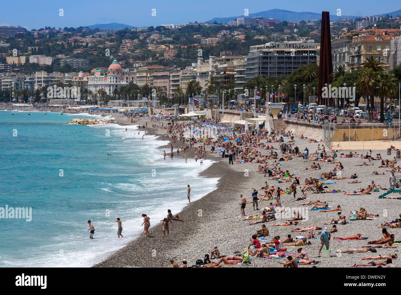 The main beach at the city of Nice on the Cote d'Azur in the South of France. Stock Photo