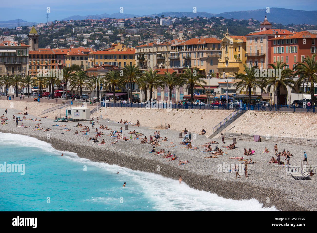 The main beach at the city of Nice on the Cote d'Azur in the South of France. Stock Photo