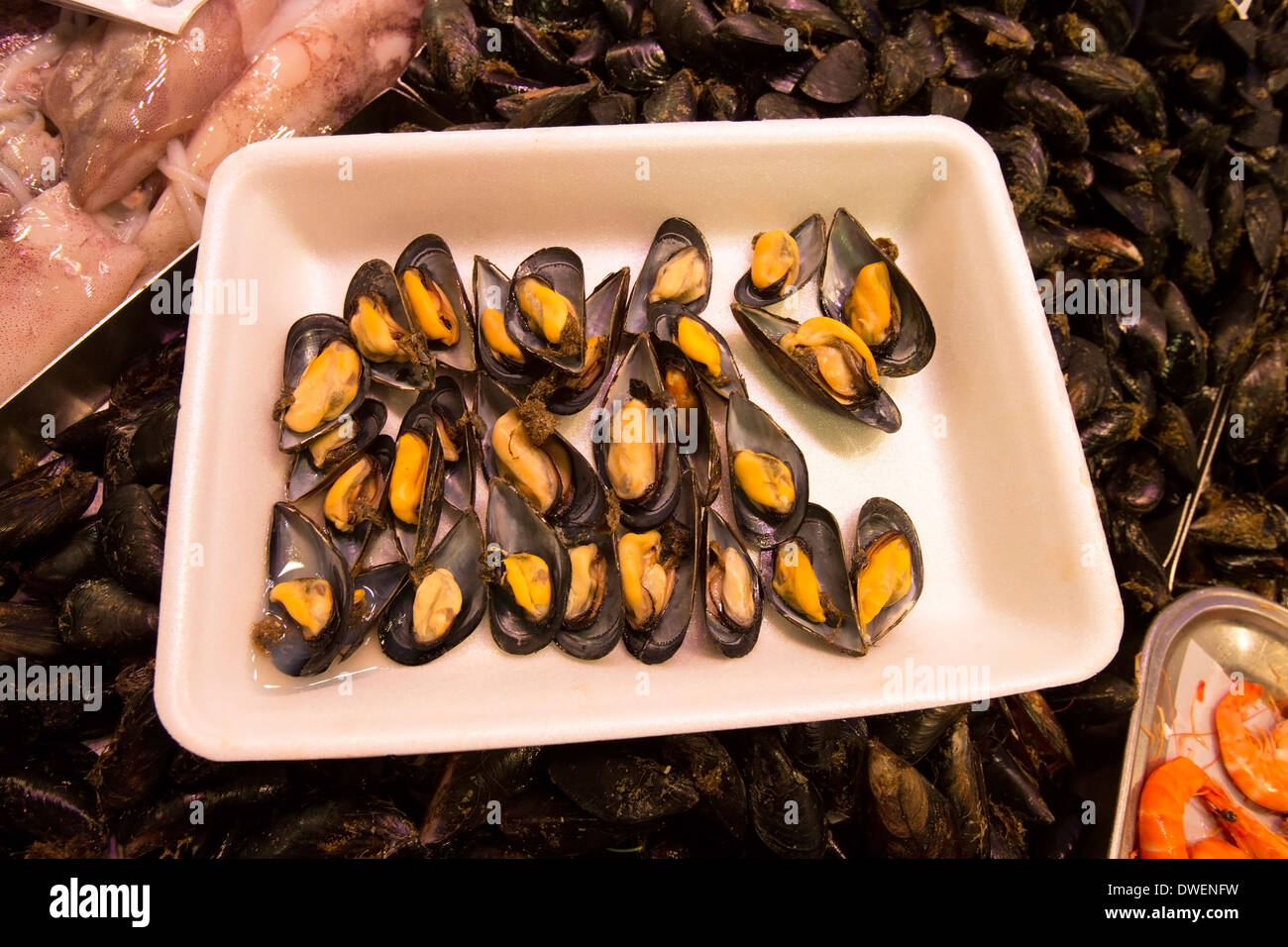 Mussels in the famous St Joseph Food Market - Eixample district of Barcelona - Catalonia region of Spain Stock Photo