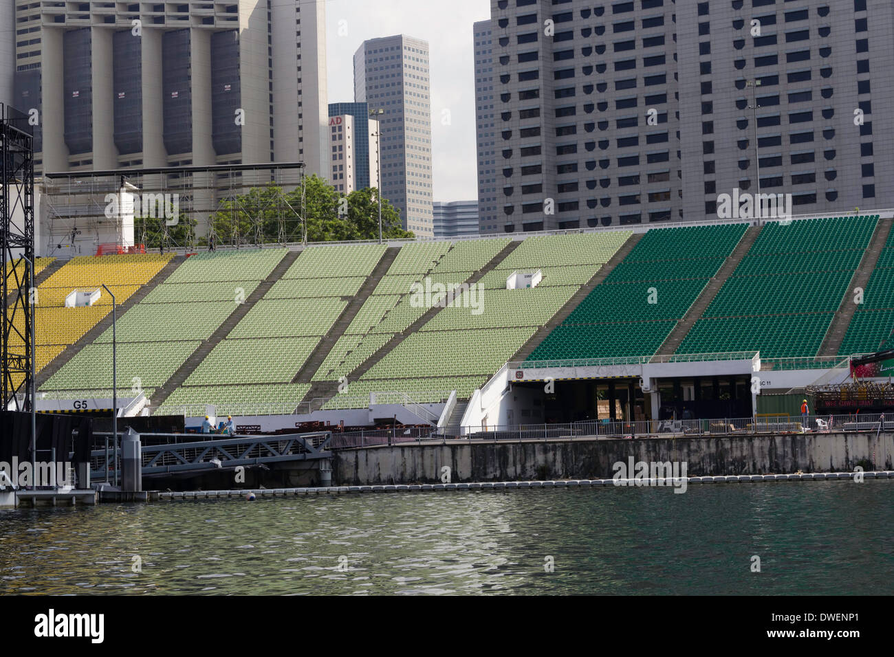 Floating platform in the Marina Bay area in Singapore, also known as The Float at Marina Bay, meant to seat 30,000 people Stock Photo
