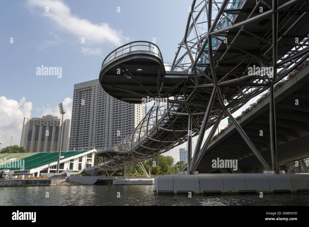 The Bayfront Bridge and Helix Bridge in Singapore and a view under the bridge. Helix Bridge is an architectural masterpiece Stock Photo
