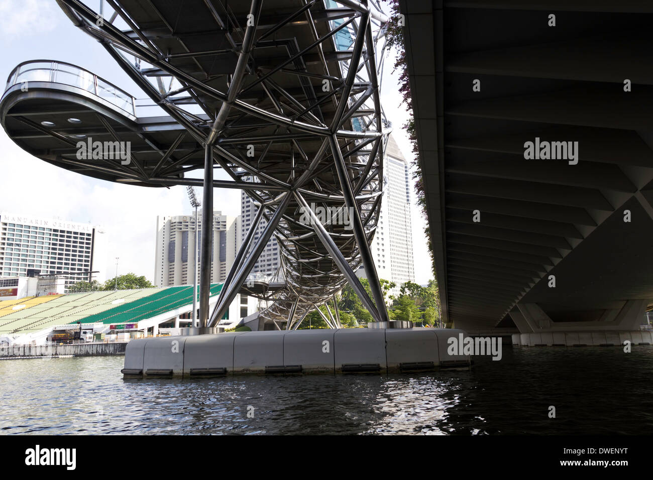 View under the Bayfront Bridge and Helix Bridge in Singapore. The Helix Bridge is a pedestrian bridge, with viewing platform Stock Photo