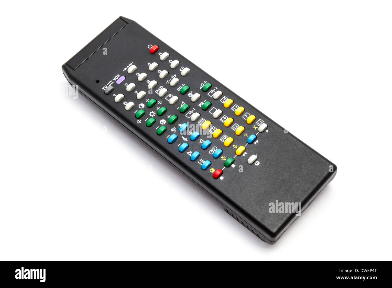 Black remote control with colorful buttons on a white background Stock Photo
