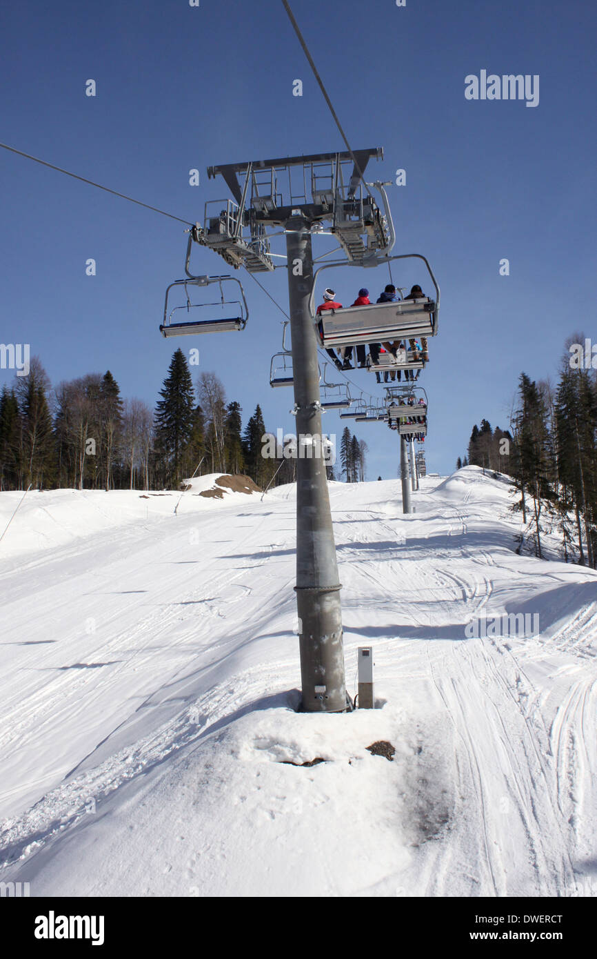chairlift in Caucasian mountains at winter Stock Photo