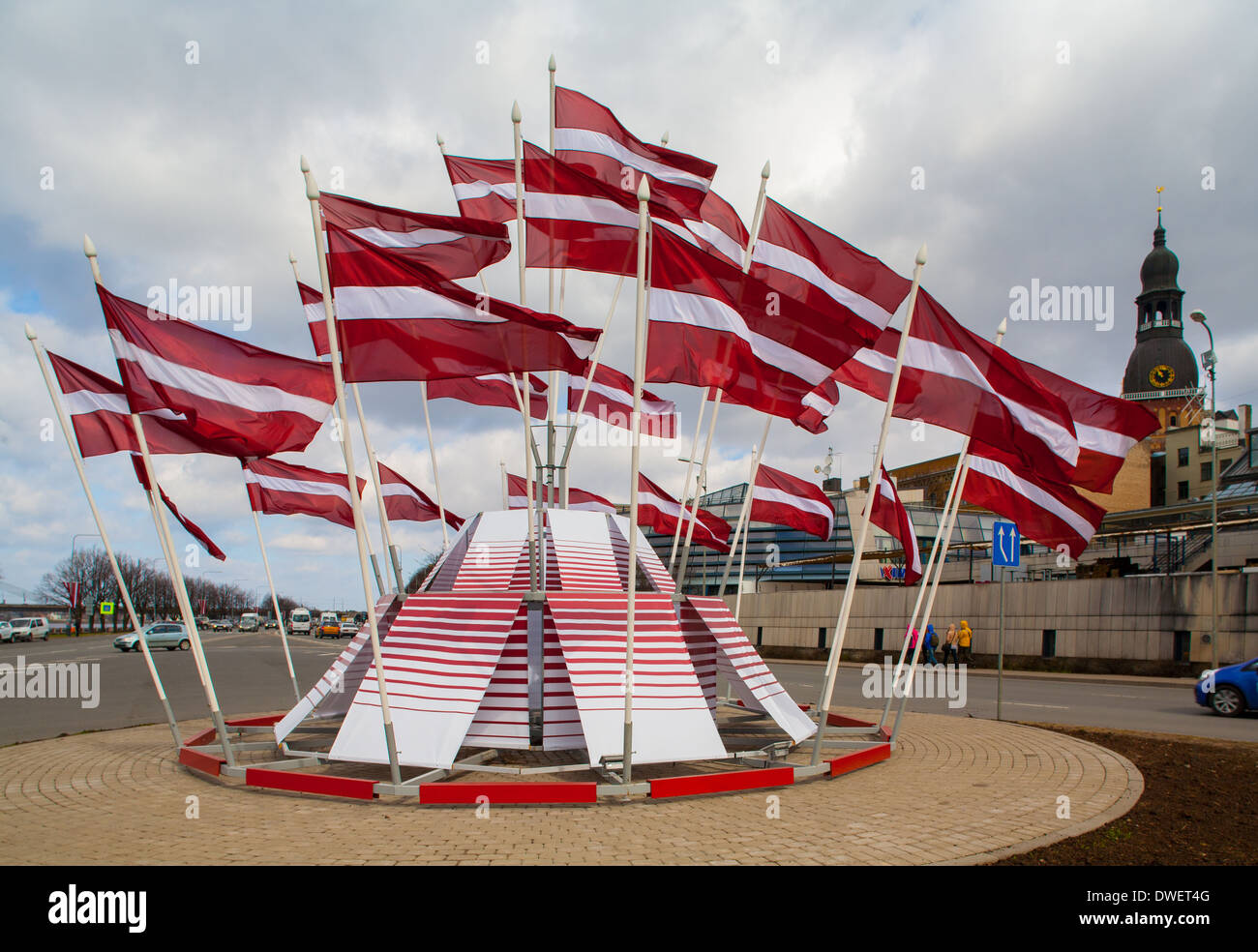 Riga – European Capital of Culture 2014. Flags of the Republic of Latvia in a festive decoration. Old Riga. Stock Photo