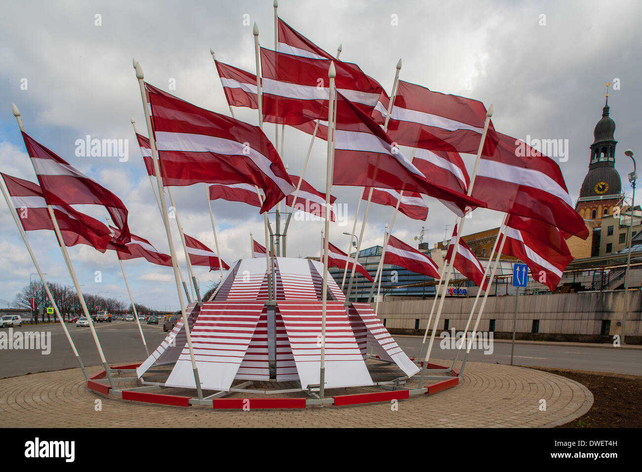 Riga – European Capital of Culture 2014. Flags of the Republic of Latvia in a festive decoration. Old Riga. Stock Photo