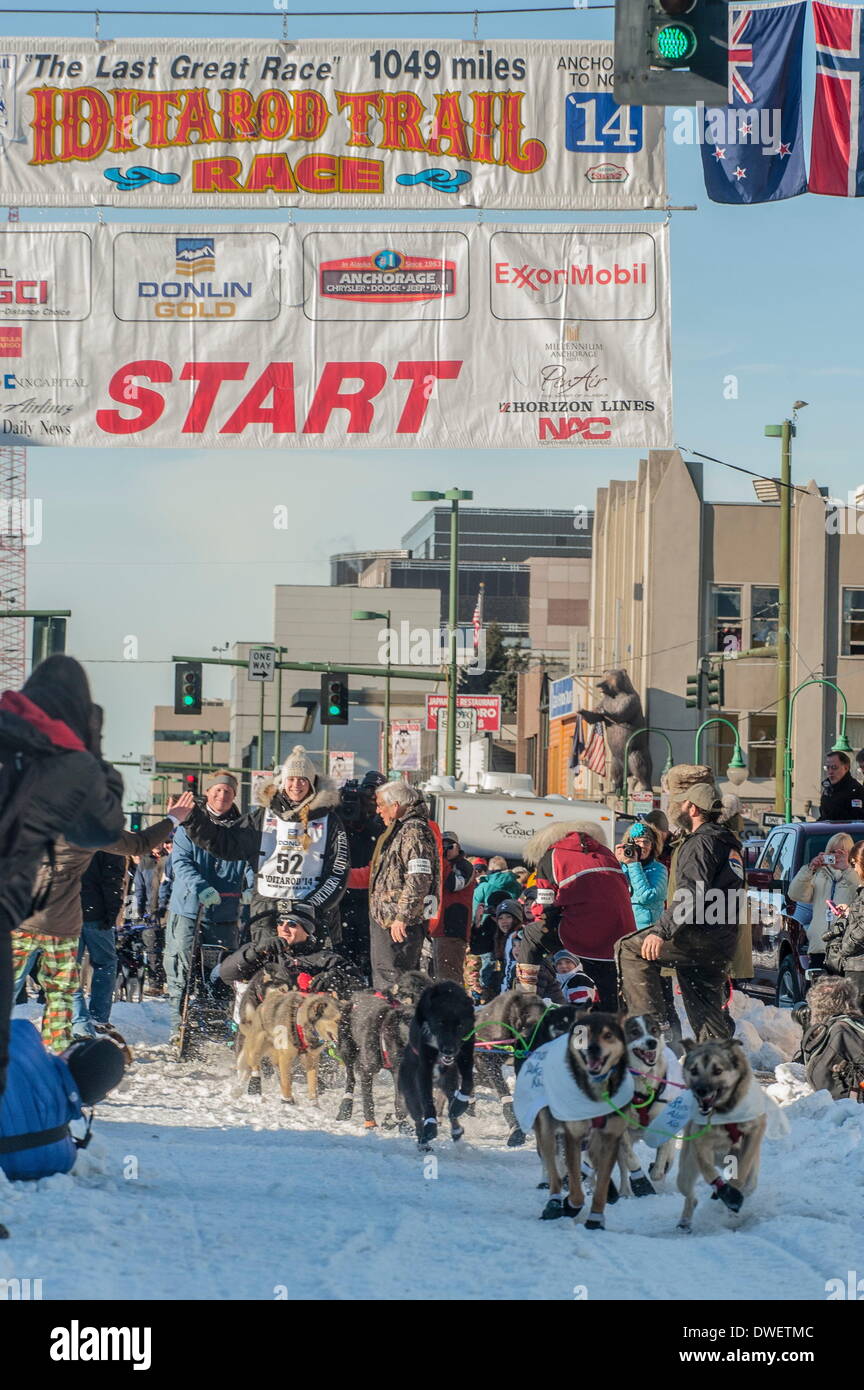 Anchorage, Alaska, USA. 1st Mar, 2014. iditarod musher ANNA BERINGTON leaves the start of Iditarod 62. Mushers drive though downtown Anchorage for the ceremonial start of the Iditarod Sled Dog Race. © Ron Levy/ZUMA Wire/ZUMAPRESS.com/Alamy Live News Stock Photo