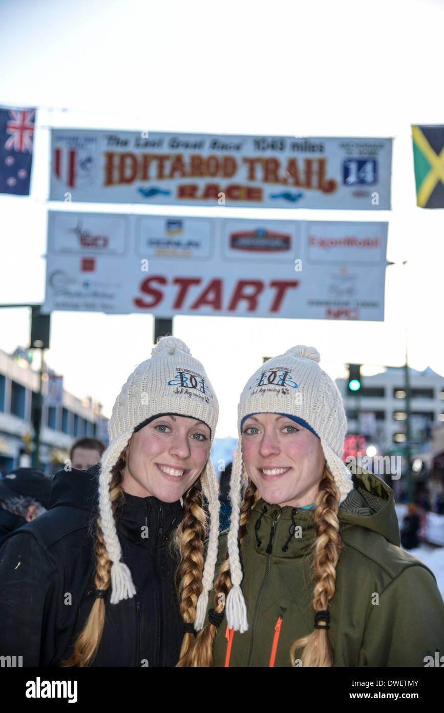 Anchorage, Alaska, USA. 1st Mar, 2014. Iditarod twin mushers KRISTY