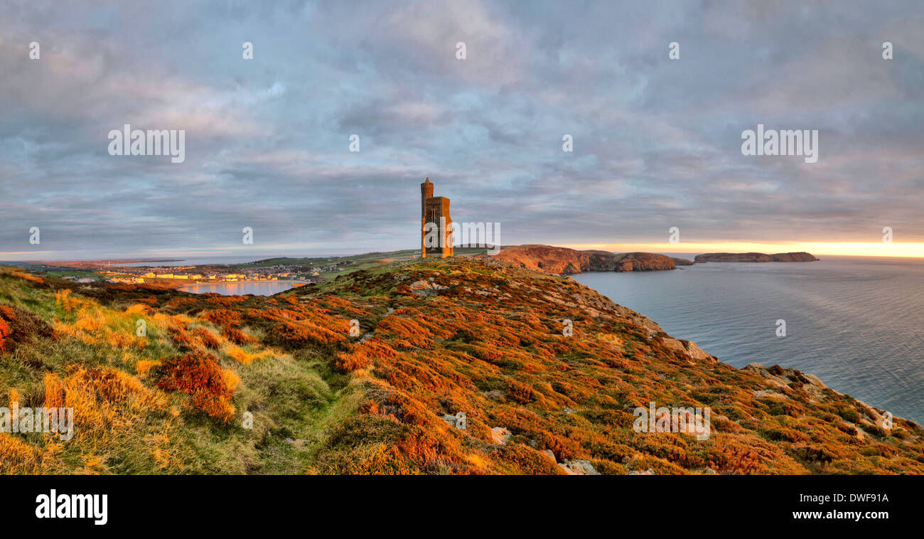 Panorama of South of the Isle of Man with Milner Tower. Port Erin on the Right and Calf of Mann on the left. Tranquil scene Stock Photo