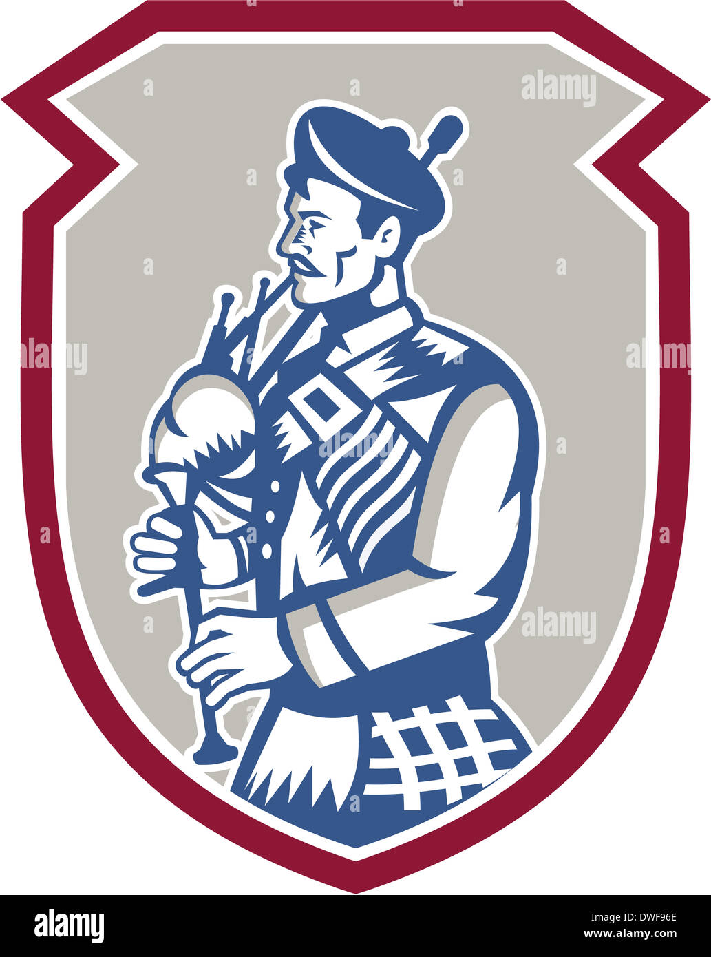 Illustration of a scotsman bagpiper playing bagpipes viewed from side set inside shield crest on isolated background done in retro woodcut style. Stock Photo