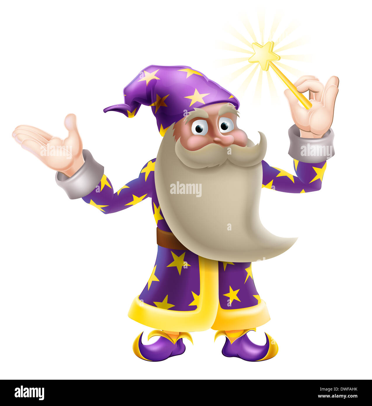 An illustration of a cartoon wizard character waving a magic wand Stock Photo