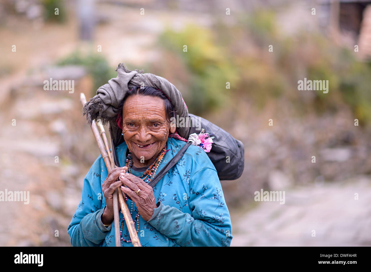 An old smiling nepali woman Stock Photo