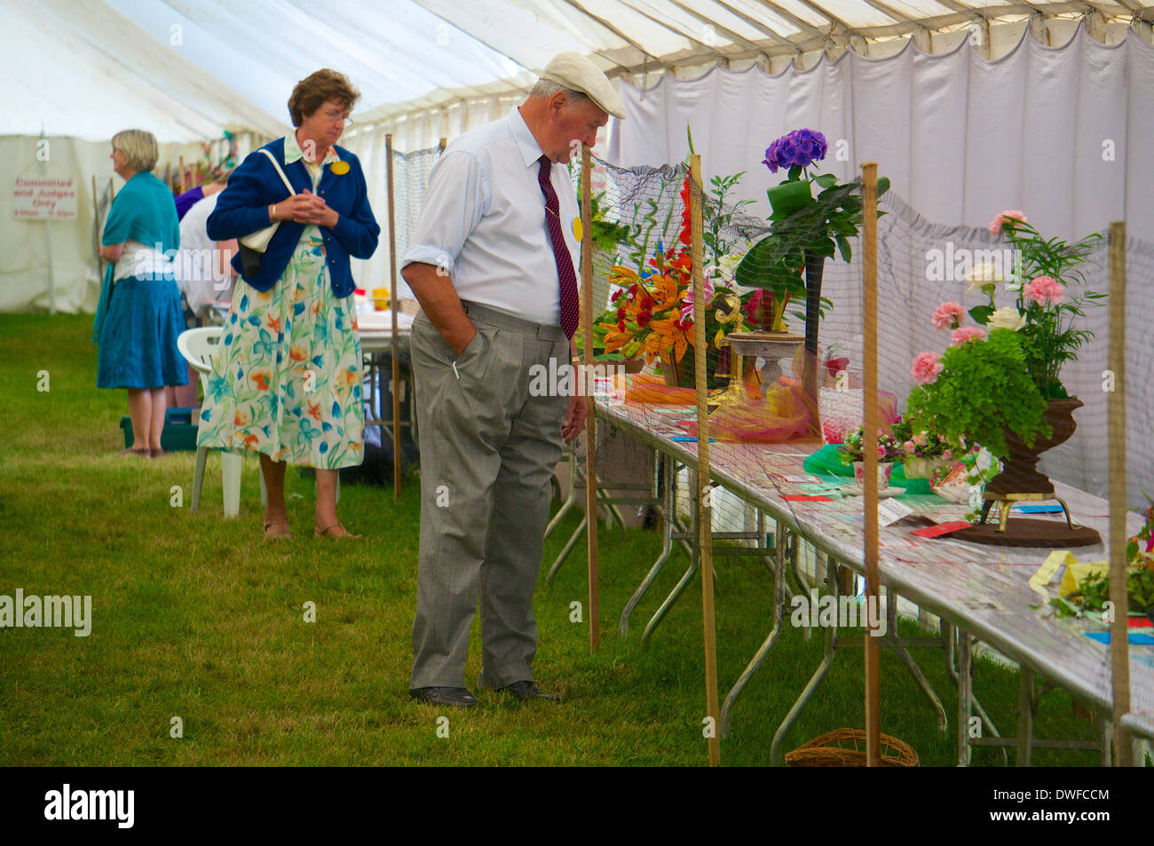 Flower arranging judging competition in a marquee Dalston Show, Cumbria, England. Stock Photo